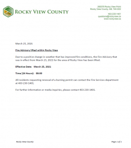 Fire Advisory Lifted Town Of Irricana