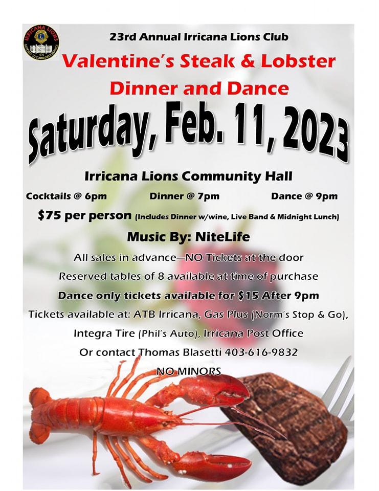 Irricana Lions Club Steak and Lobster Dinner February 11, 2023