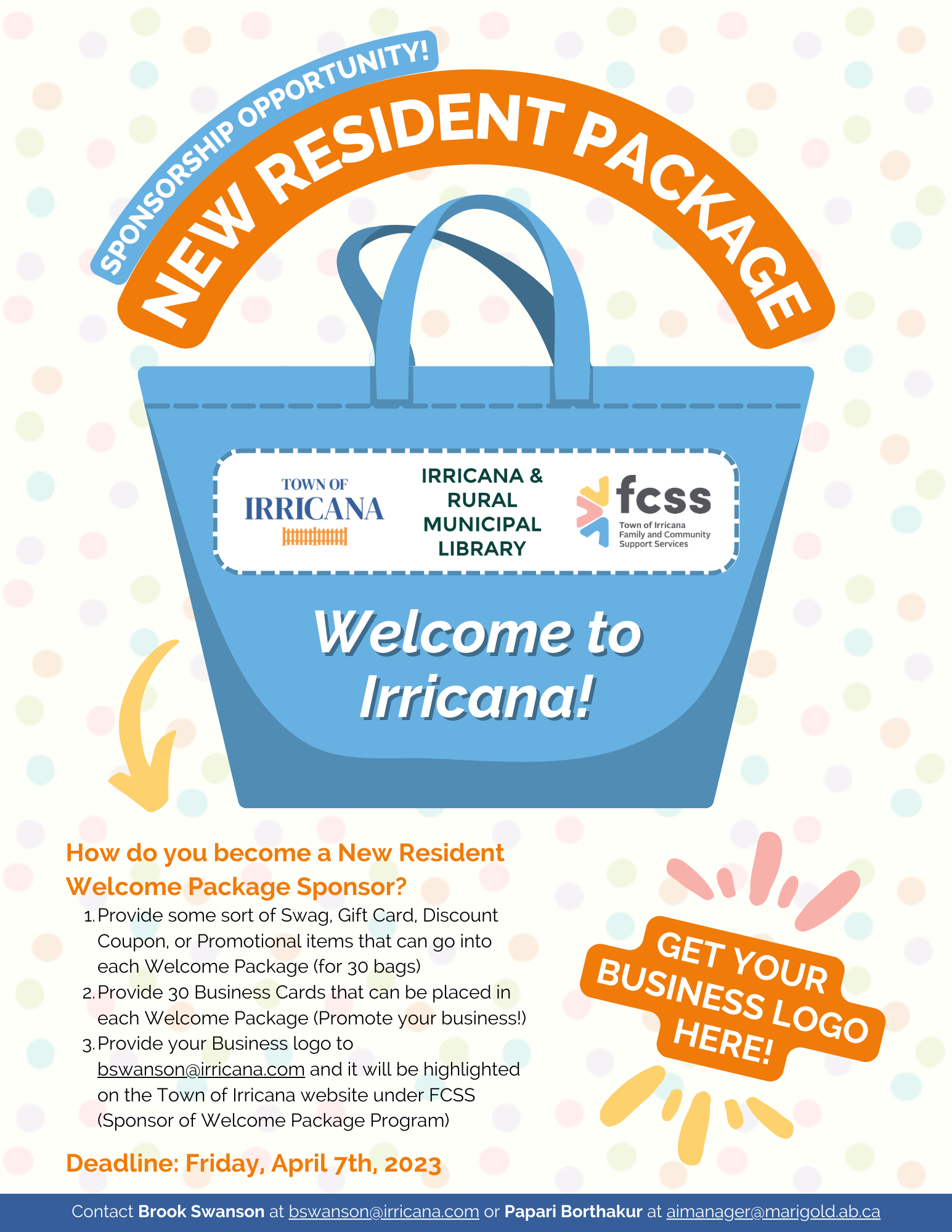 Town of Irricana New Resident Welcome Packages Sponsorship Opportunity 2023