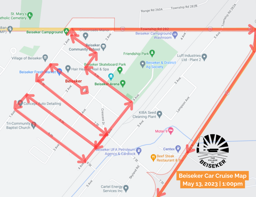 Beiseker Car Cruise Route Map May 13, 2023