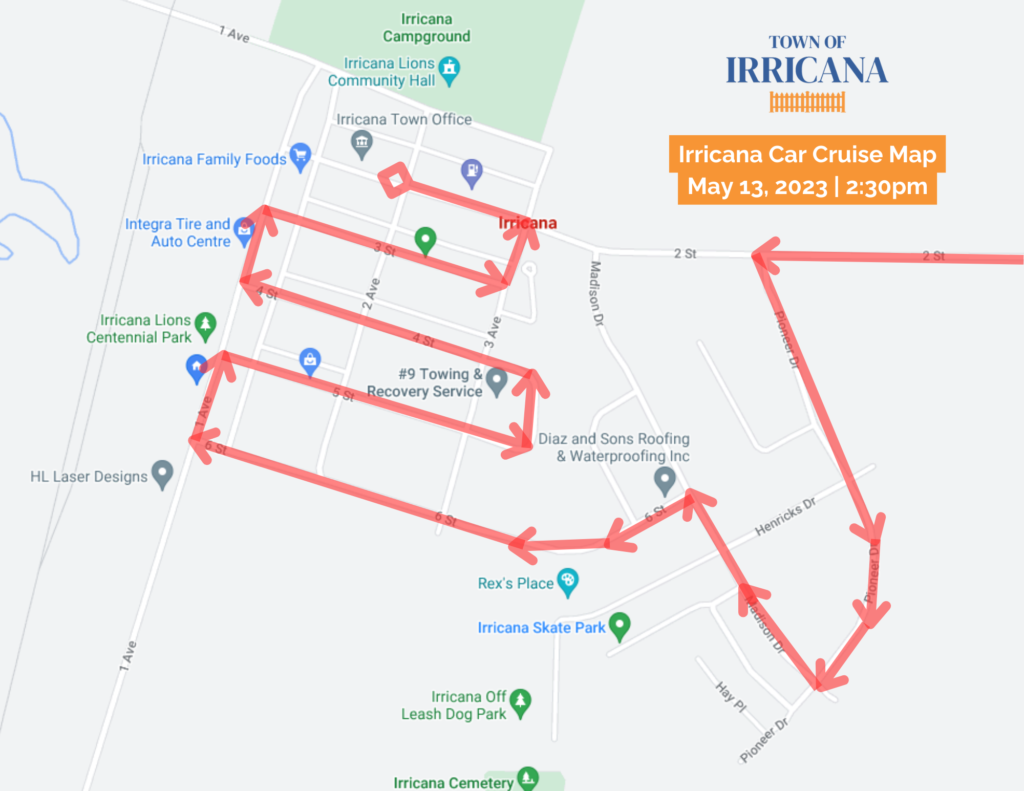 Irricana Car Cruise Route Map May 13, 2023