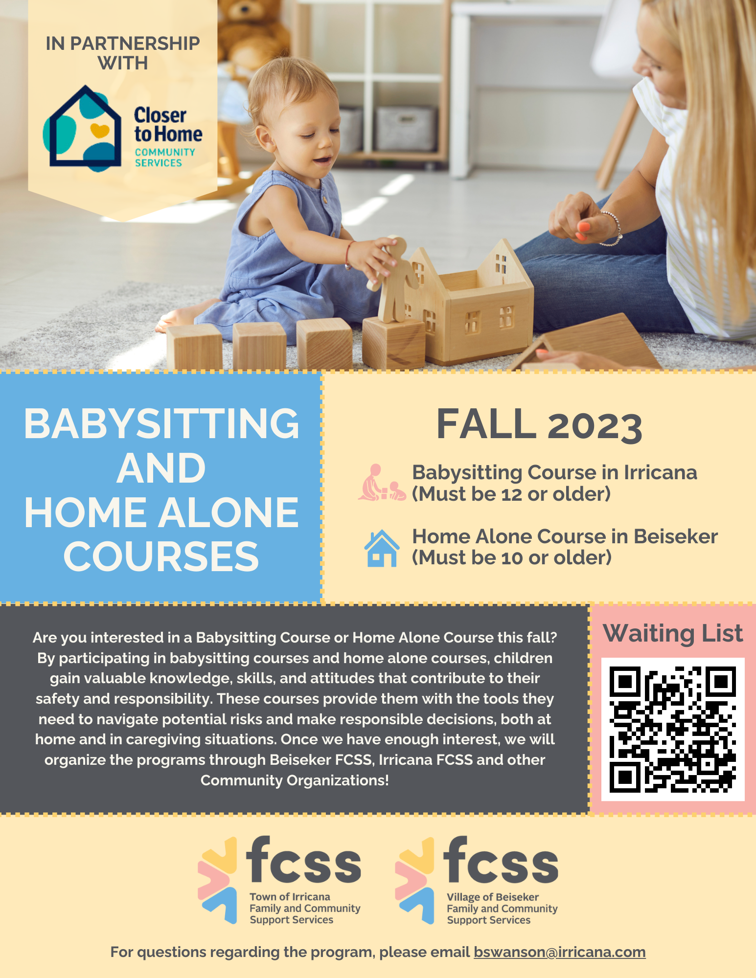 Babysitting and Home Alone Course Waiting List for Fall 2023 in Irricana and Beiseker