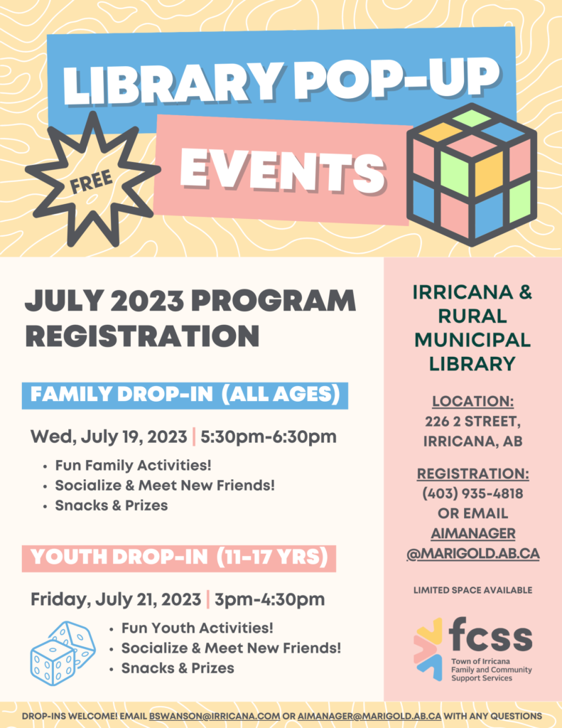 FREE July Drop-in Programs at the Irricana Library