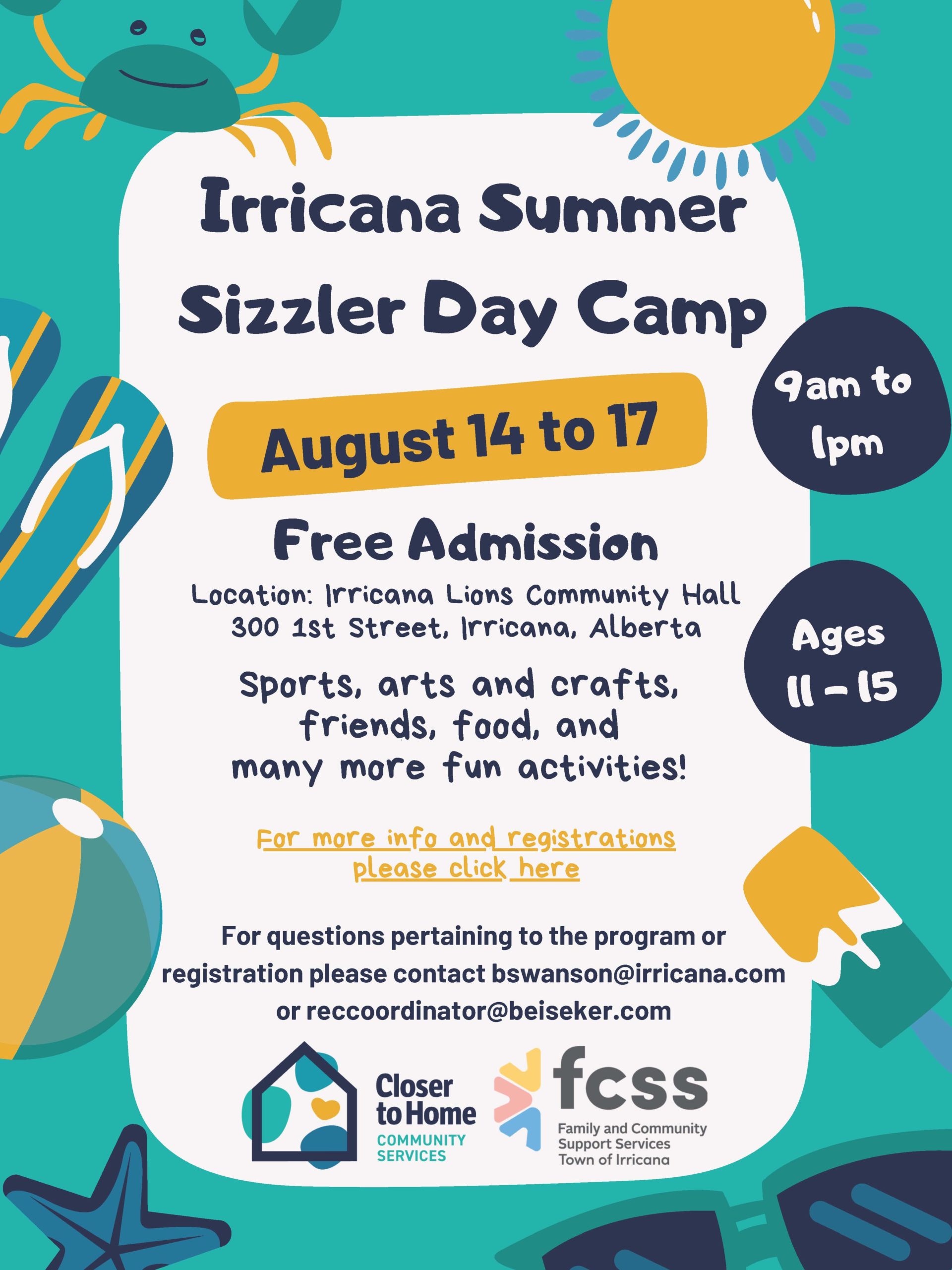 Closer to Home in Partnership with Irricana FCSS presents Irricana Summer Sizzler Day Camp from August 14-17, 2023