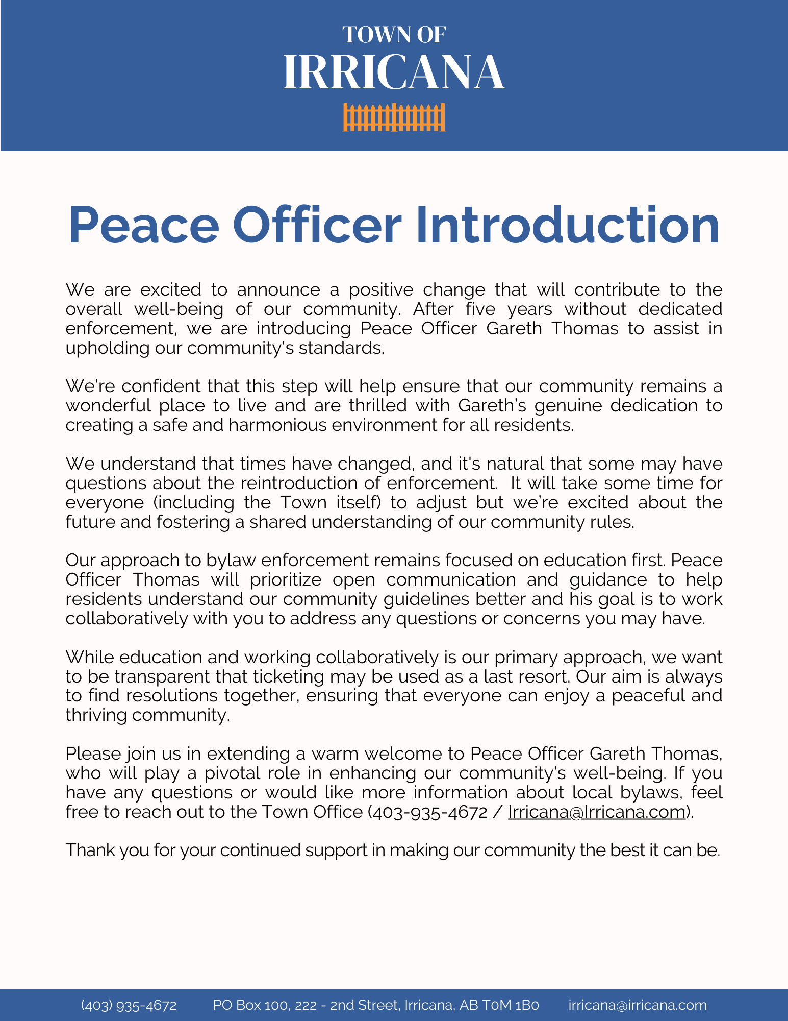 Town of Irricana Peace Officer Announcement 2023