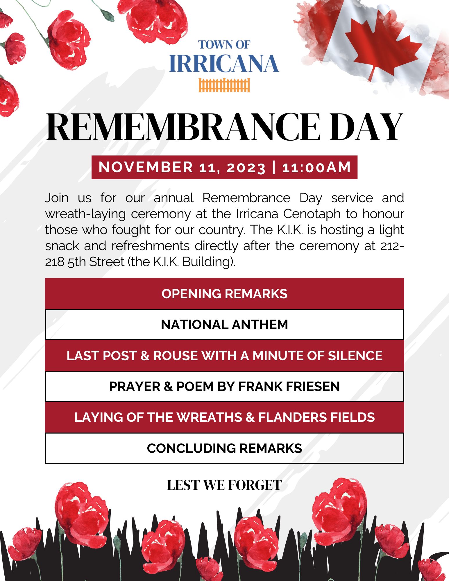 Town of Irricana Remembrance Day Ceremony, Saturday, November 11 at 11:00am