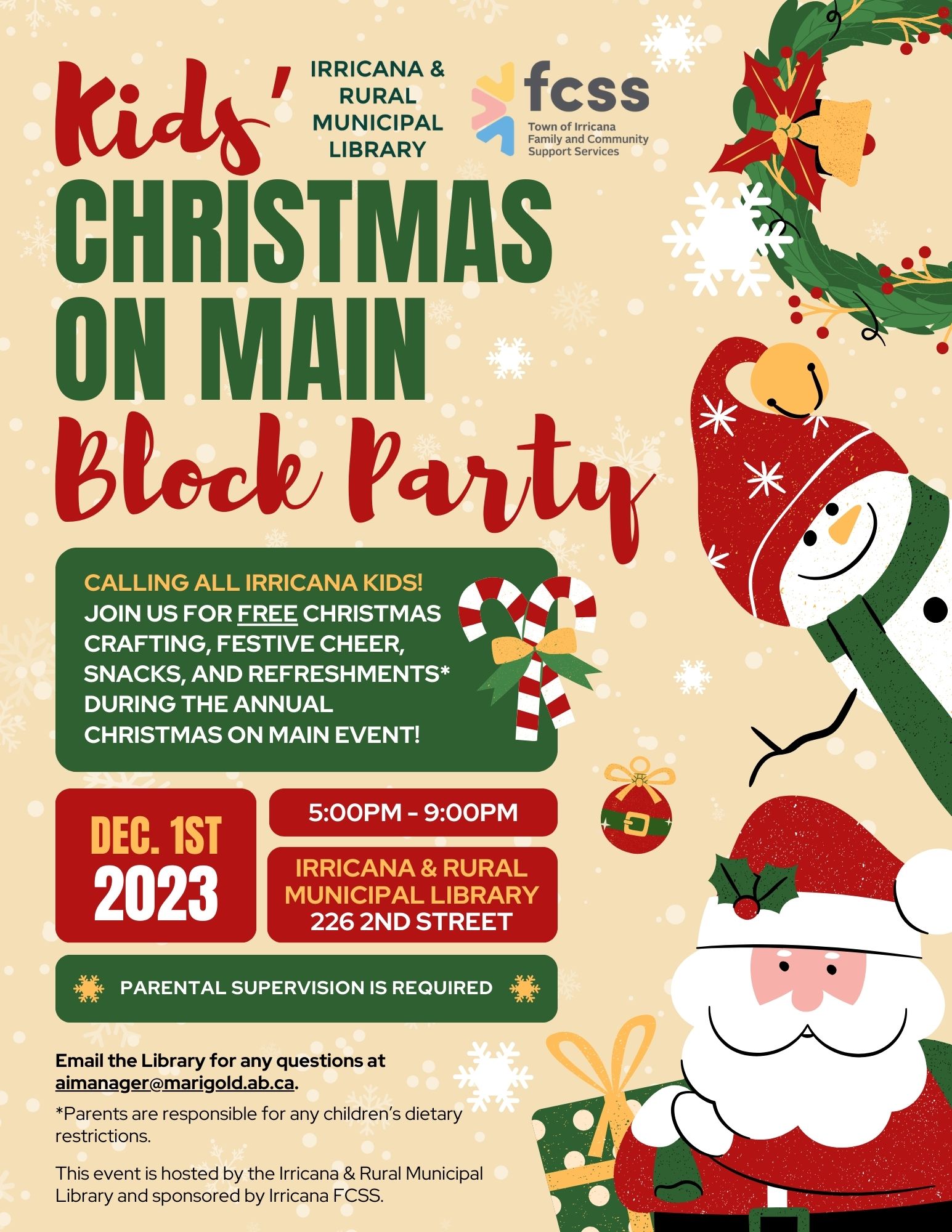 Irricana Library Kids Christmas on Main Block Party December 1, 2023