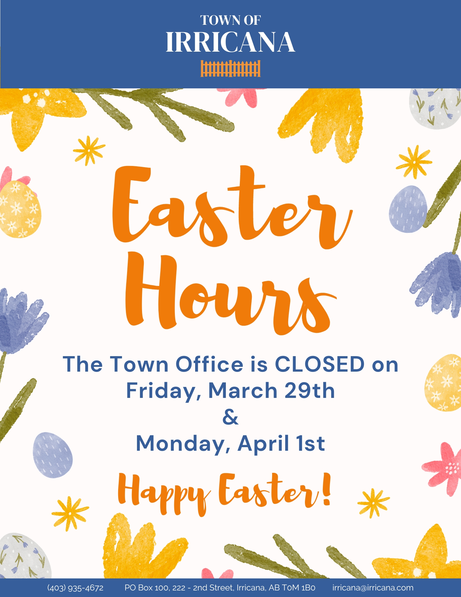 Town of Irricana Easter Holiday Hours 2024
