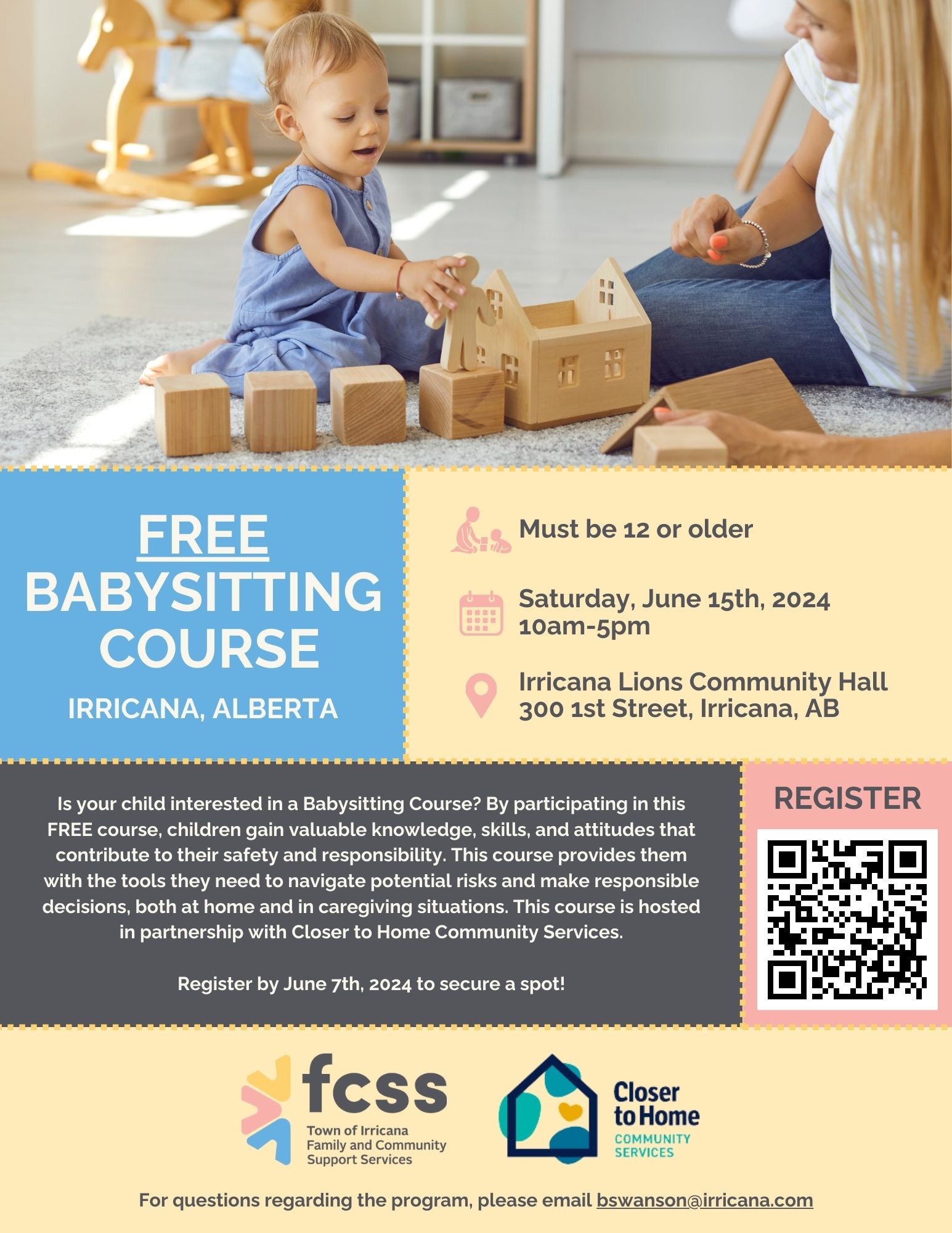 FREE Babysitting Course in the Town of Irricana hosted by Closer to Home Community Services on Saturday, June 15, 2024