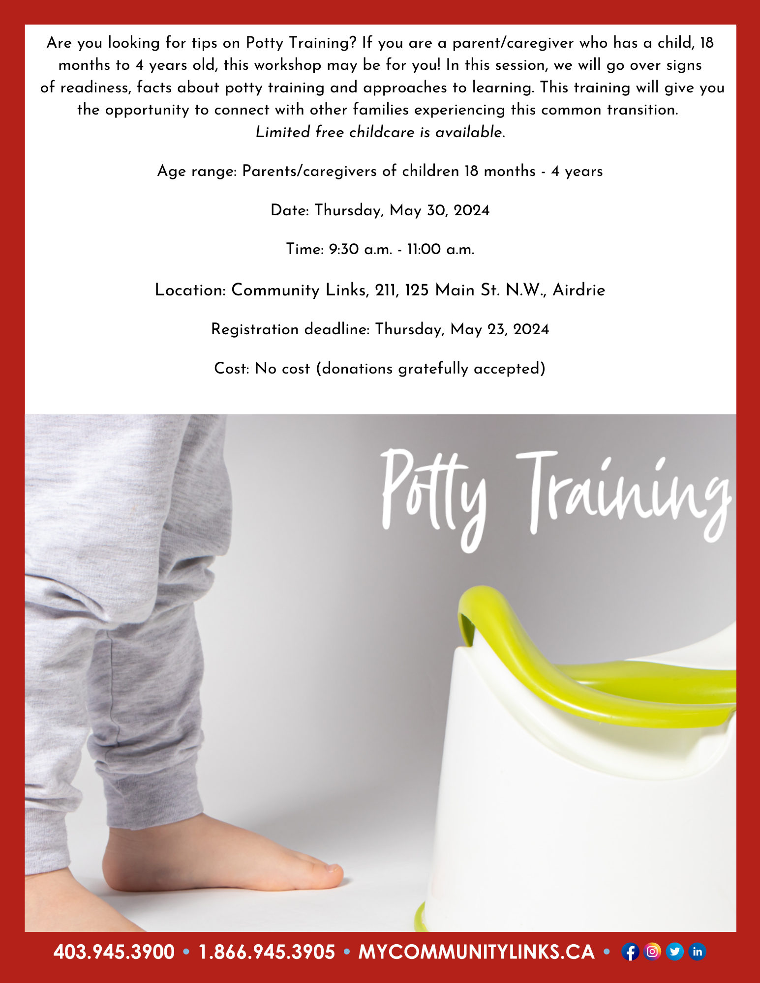 Community Links Airdrie Potty Training program ages 18 months - 4 years, May 30, 2024
