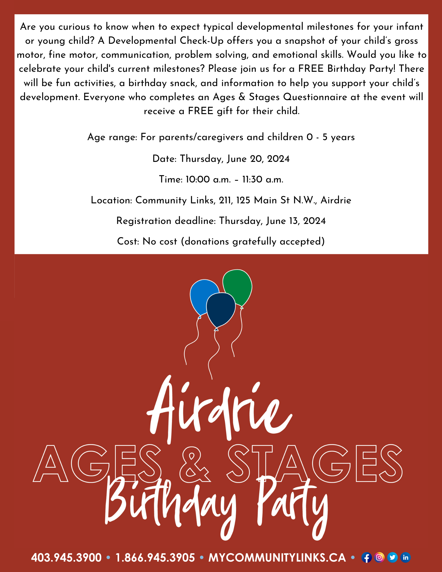 Community Links Airdrie Ages & Stages Birthday Party June 20, 2024