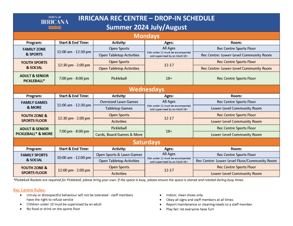 Irricana Rec Centre Drop-in Schedule Summer 2024