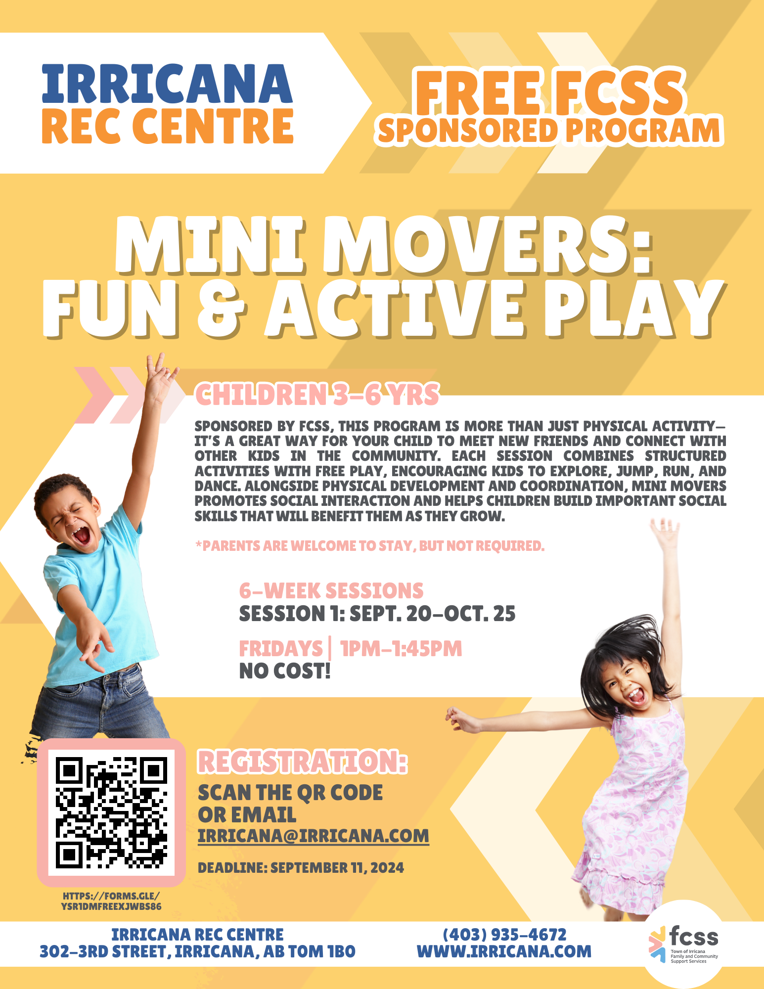 Irricana Rec Centre Free FCSS Program Mini Movers Fridays 1pm-1:45pm