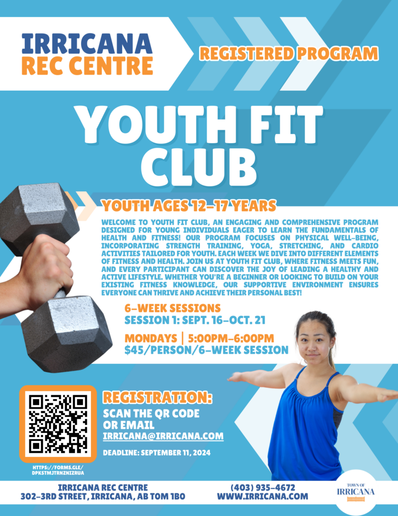 Irricana Rec Centre Registered Program Youth Fit Club Mondays at 5pm-6pm