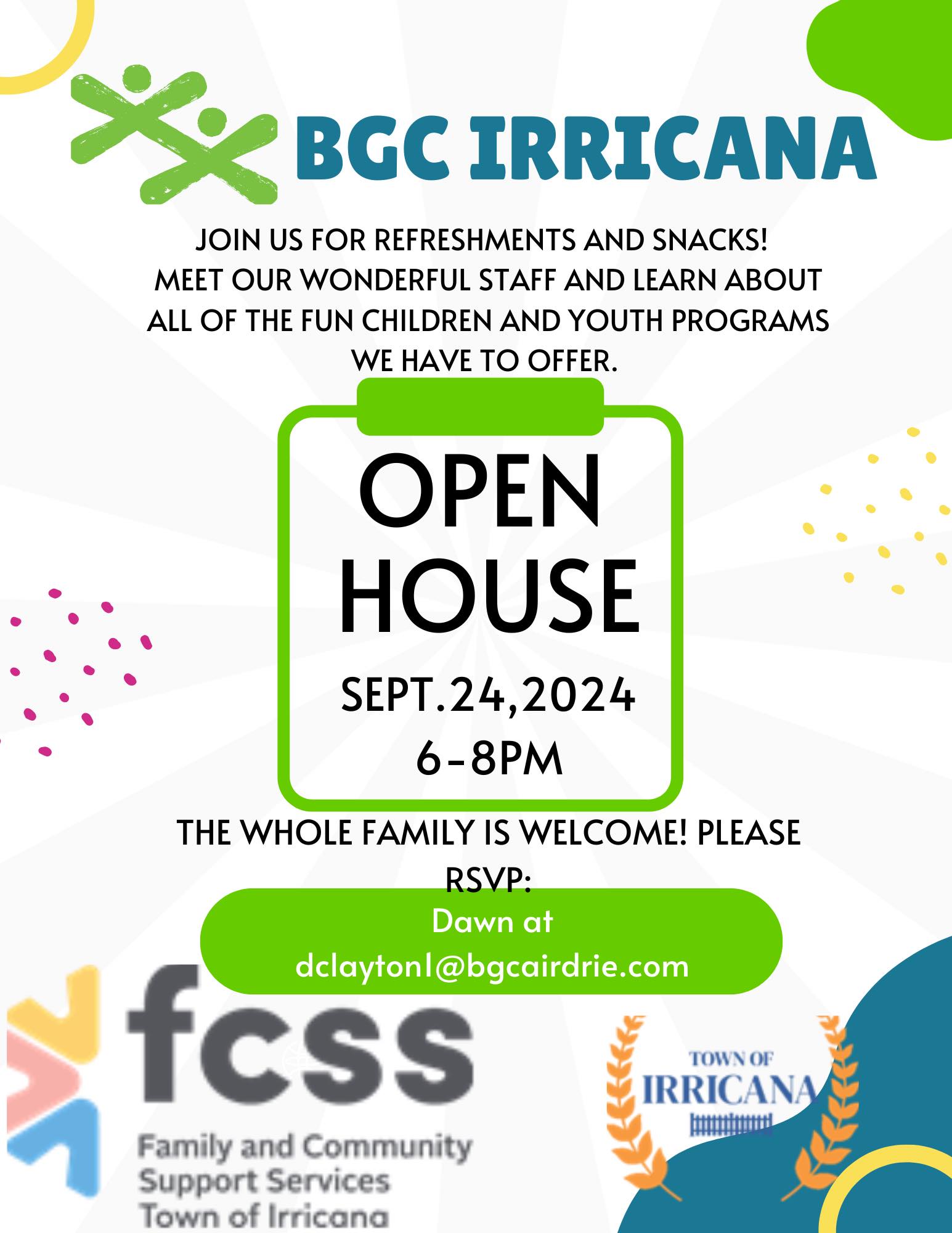 Irricana Boys & Girls Club Open House Tuesday, September 24, 2024