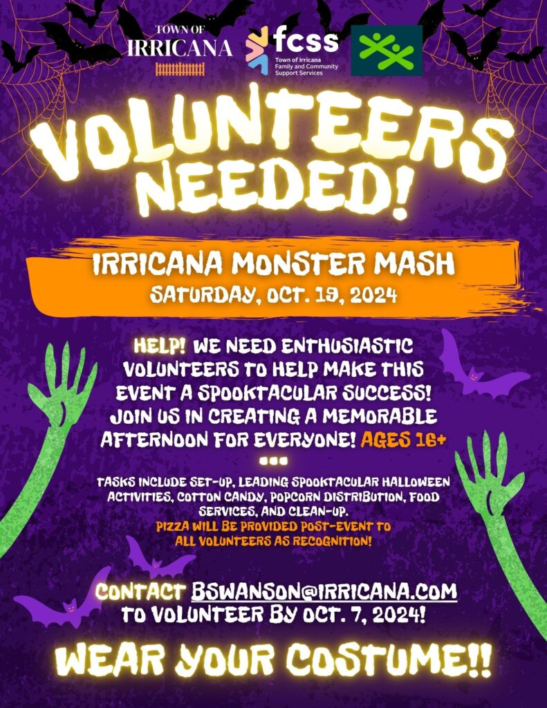 Volunteers needed for the Irricana Monster Mash Halloween Event October 19, 2024