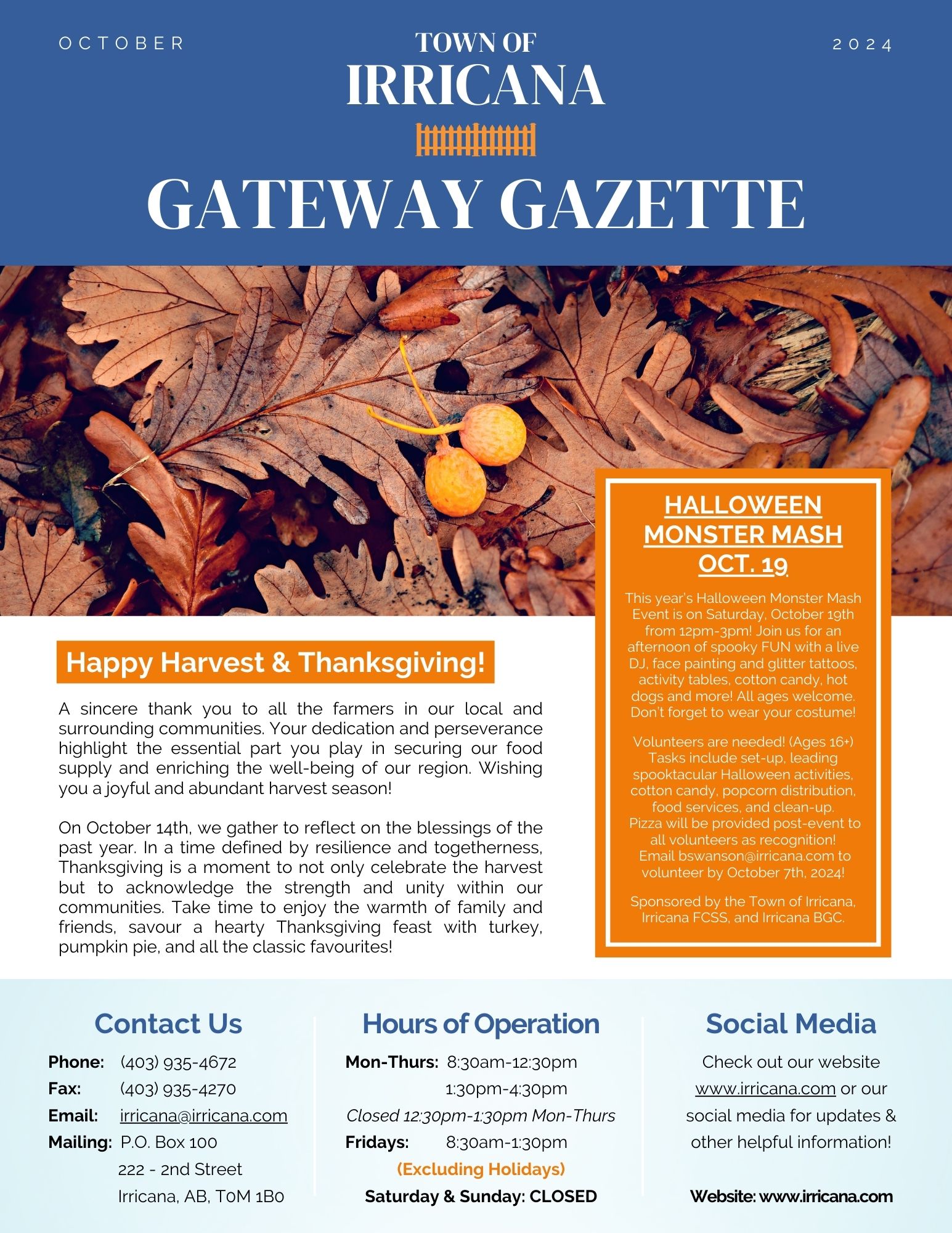 Town of Irricana Gateway Gazette Newsletter October 2024