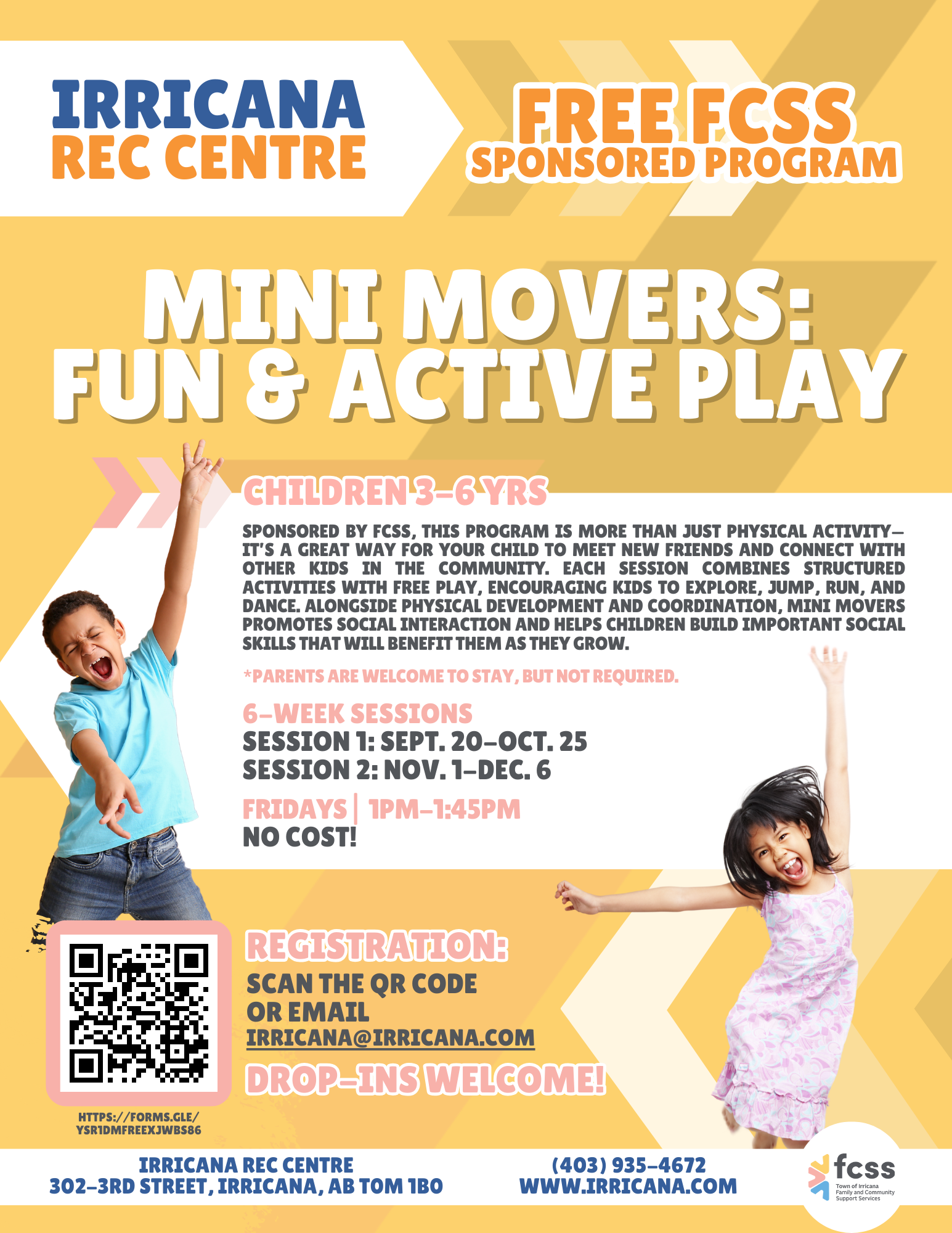 Irricana Rec Centre Free FCSS Program Mini Movers Fridays 1pm-1:45pm