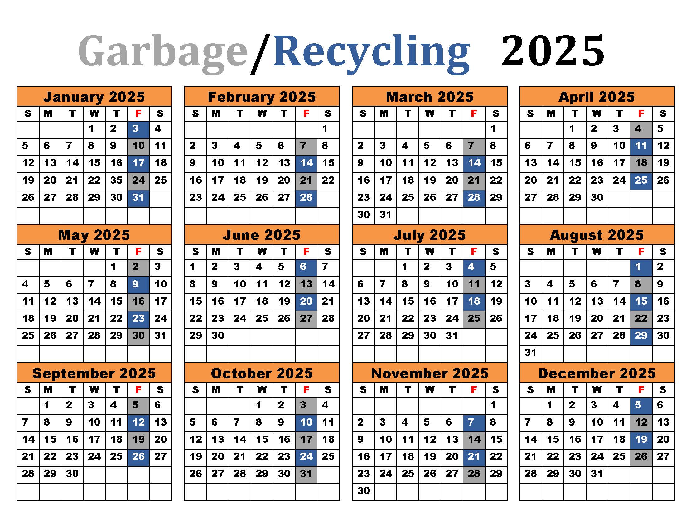 2025 Garbage and Recycling Calendar