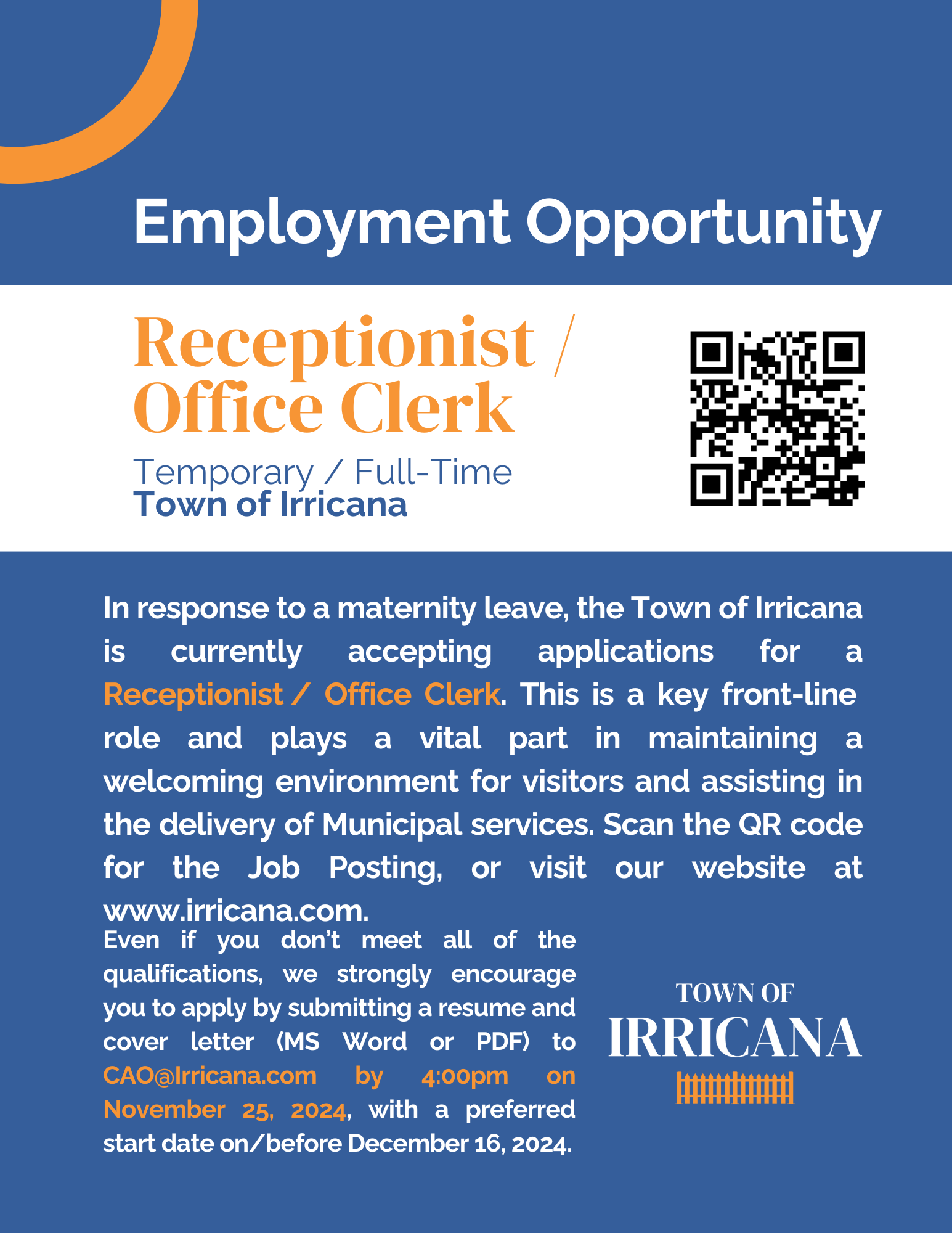 Irricana Receptionist Office Clerk Employment Poster