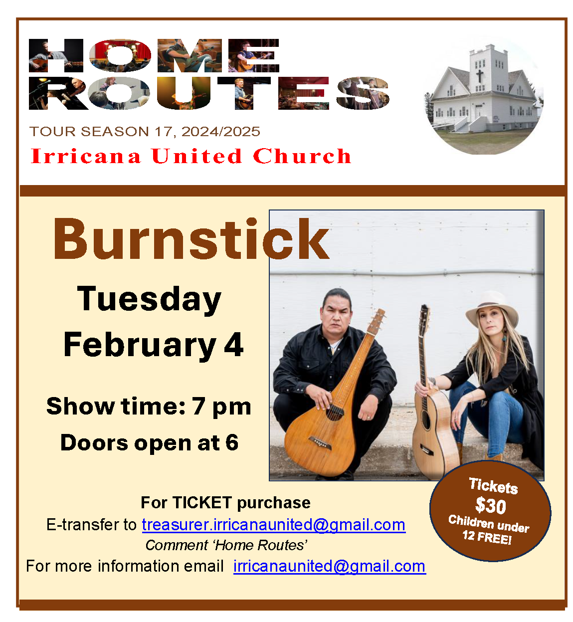 Home Routes Tour Burnstick at Irricana United Church on February 4, 2025