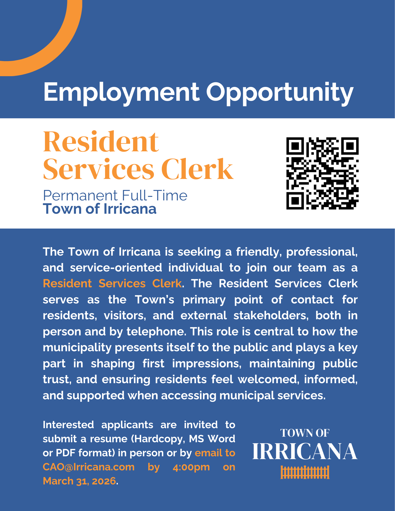 Town of Irricana Job Posting - Resident Services Clerk