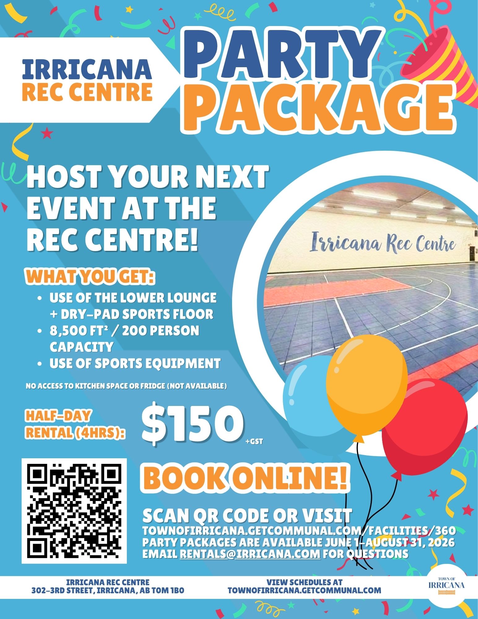 Irricana Rec Centre Party Package 2026