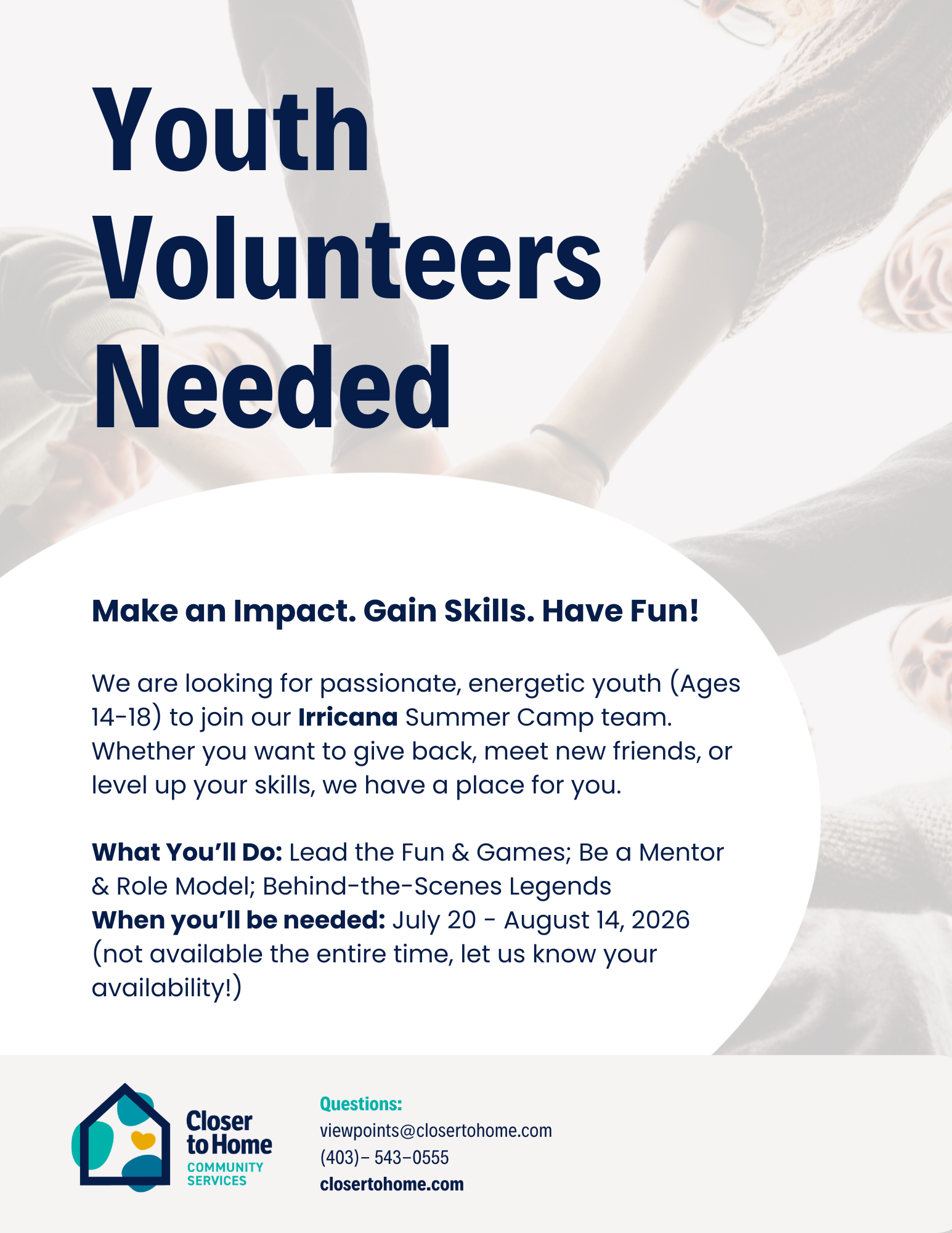 Closer to Home Community Services Wellness Booster Camp Youth Volunteers Needed