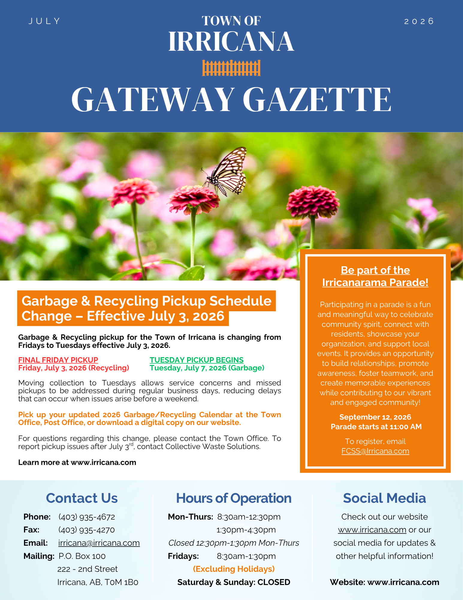 Irricana Newsletter July 2026 Cover Irricana Gateway Gazette Cover July 2026
