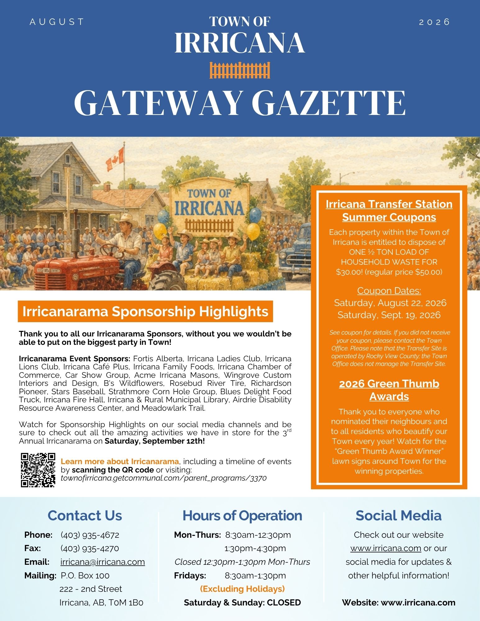 Irricana Newsletter August 2026 Cover Irricana Gateway Gazette Newsletter August 2026