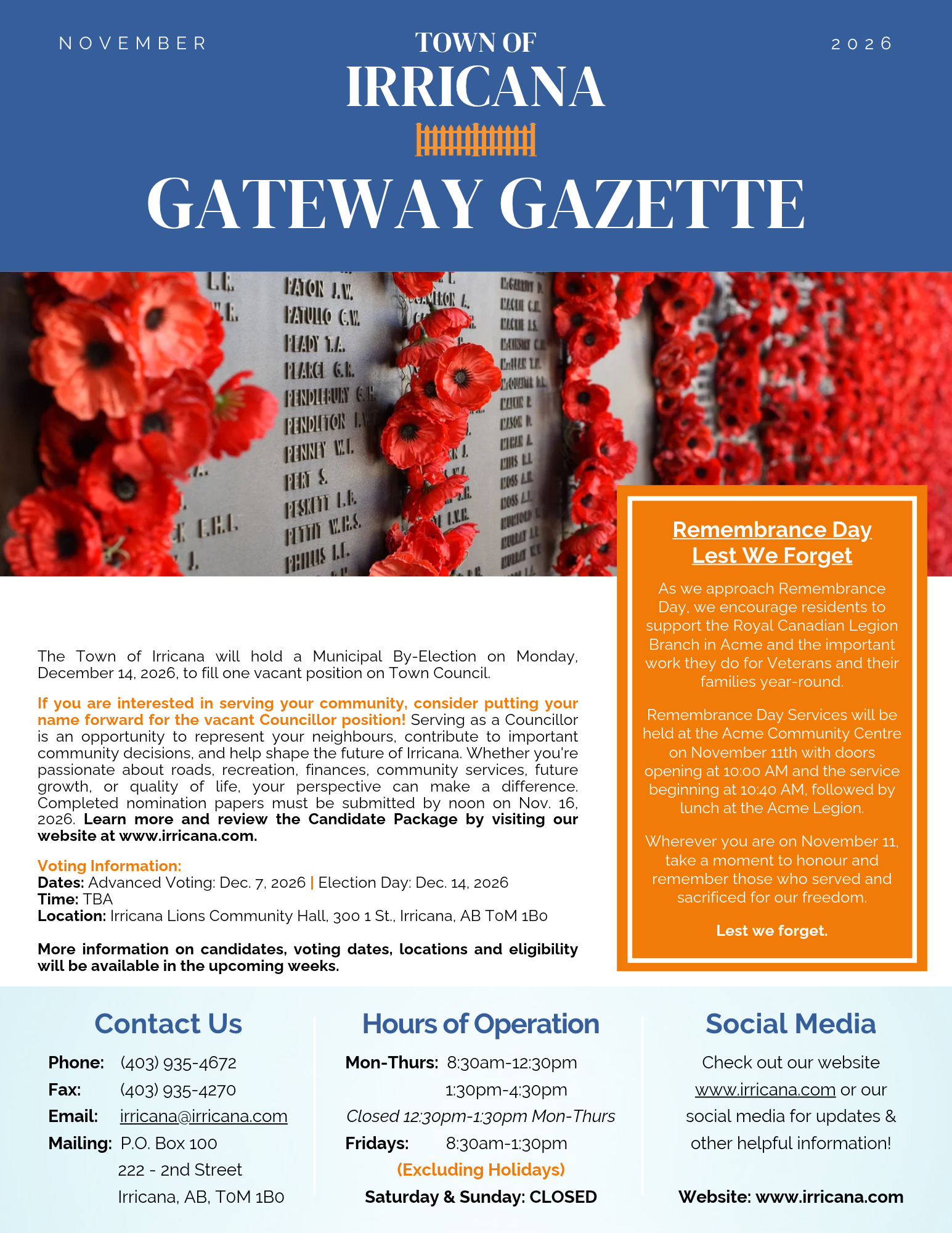 Irricana Newsletter November 2026 Cover Page Irricana Newsletter November 2026 Cover Page