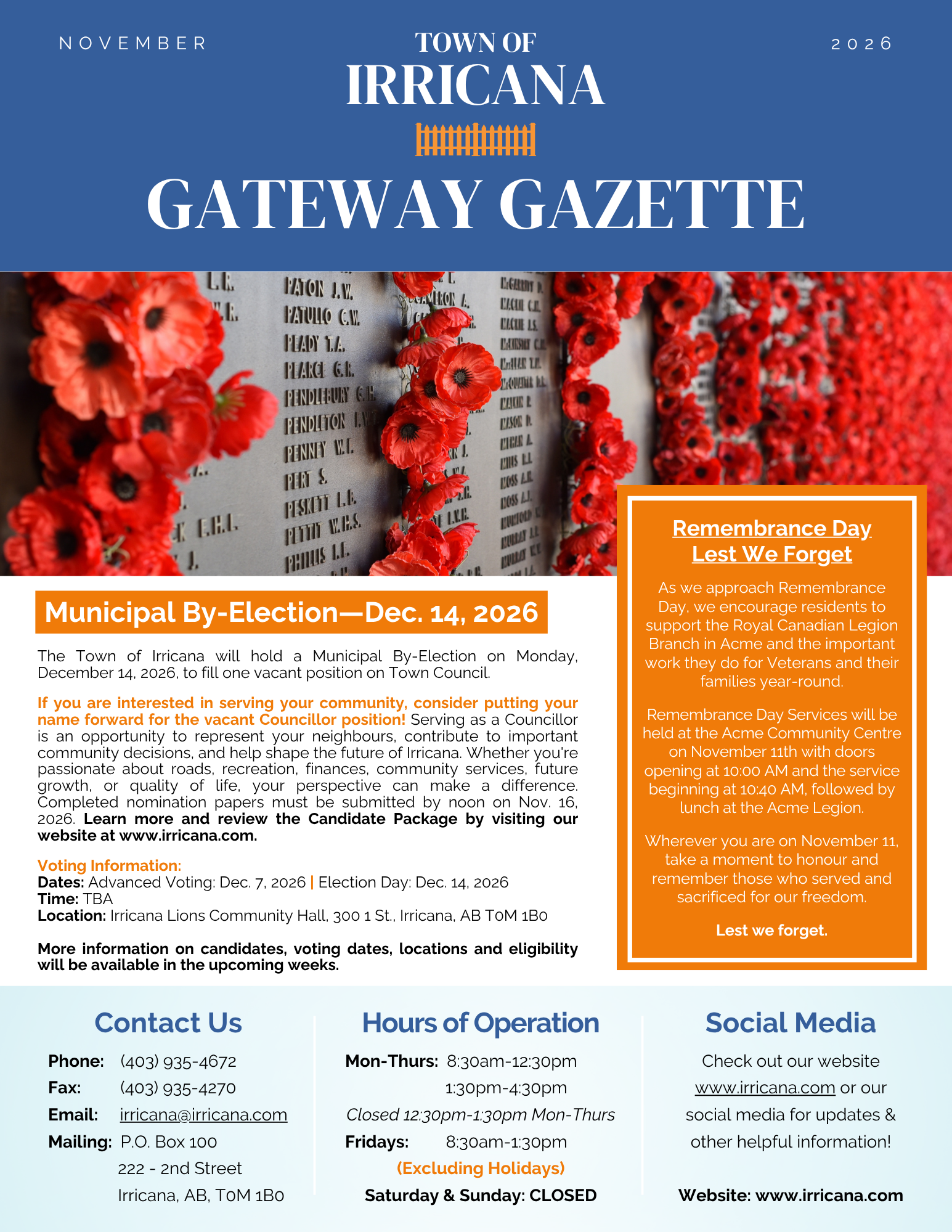 Irricana Newsletter November 2026 Cover Page