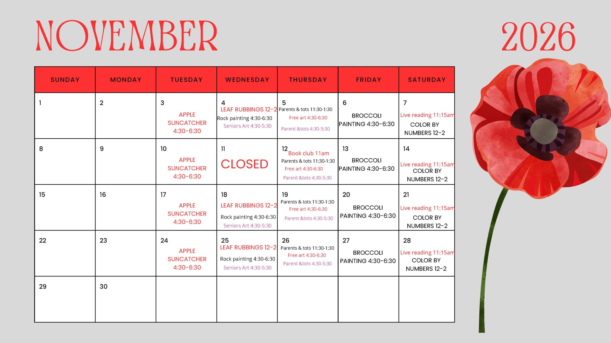 Library November Calendar 2026_Page_1 Irricana Library November Calendar 2026